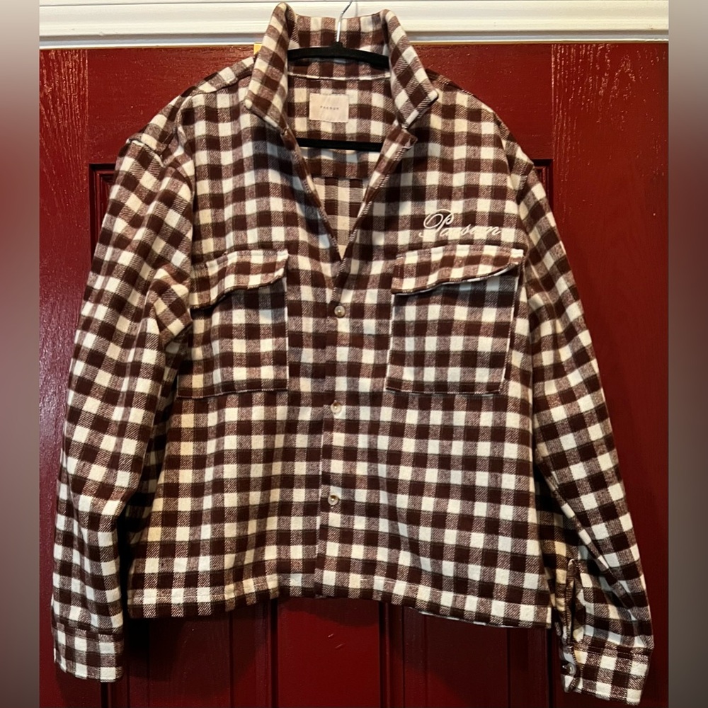 Brown and White Checkered Button-Up Shirt